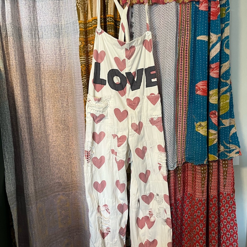 Magnolia Pearl Love Appliqué Cosmo Overalls with heart print One Size
